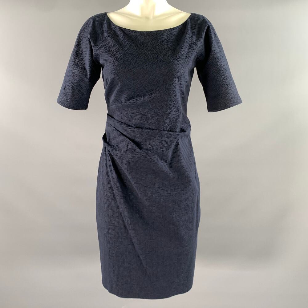 LELA ROSE Size 6 Navy Cotton Blend Ruched Sheath Below Knee Dress